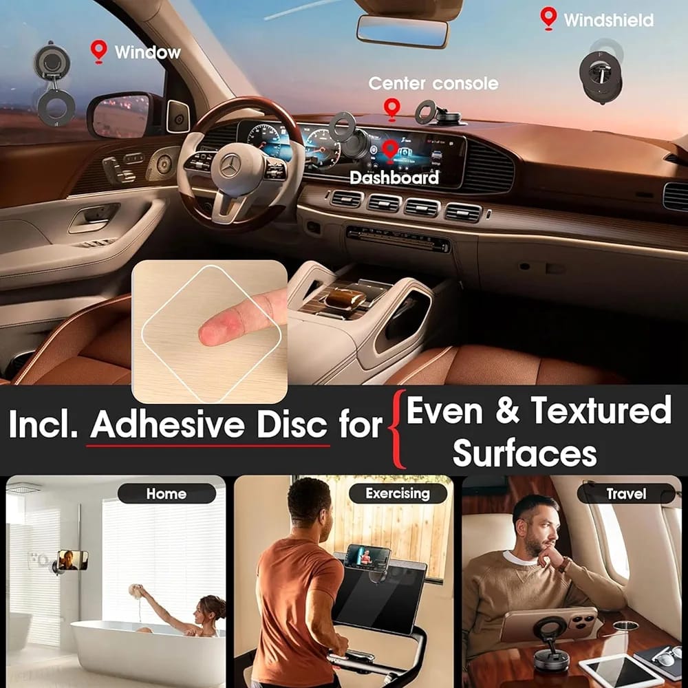 Magnetic Phone Holder - 360° Vacuum Suction Cup Mount for Car, Gym, Mirror, Shower – Foldable Adjustable Stand – Universal Mobile Holder Compatible with All Phones