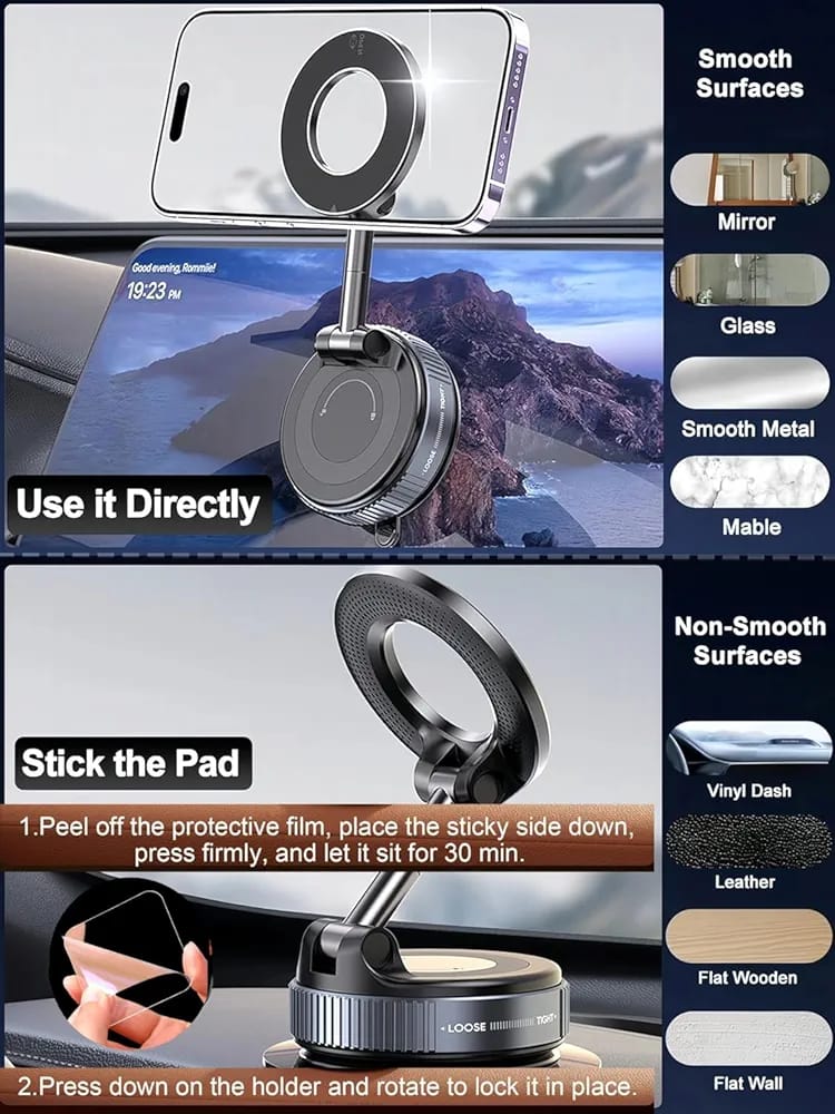 Magnetic Phone Holder - 360° Vacuum Suction Cup Mount for Car, Gym, Mirror, Shower – Foldable Adjustable Stand – Universal Mobile Holder Compatible with All Phones